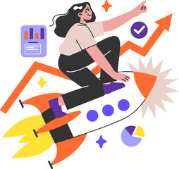 Poster - Woman rocket growth business success startup finance chart graph marketing analytics strategy boost achieve vector art illustration and png 