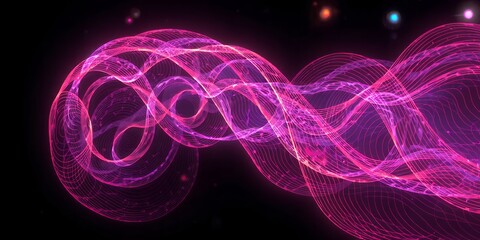 Poster - Abstract pink and purple glowing ribbon wave on a dark background with small light particles