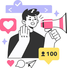 Poster - Social media marketing influencer megaphone promotion advertising digital strategy communication campaign vector art illustration and png 