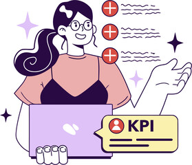 Poster - Woman laptop kpi metrics analytics business performance indicator goals strategy management dashboard success vector art illustration and png 
