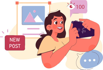 Poster - New post social media content creator online marketing mobile phone engagement views illustration woman vector art illustration and png 