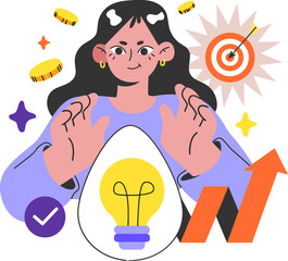 Poster - Woman idea bulb target success growth coins stars checkmark innovation creativity business strategy vector art illustration and png 
