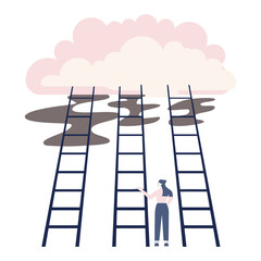 Poster - Cloud ladder climbing woman success career achievement opportunity aspiration growth concept illustration design vector art illustration and png 