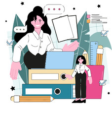 Poster - Woman office work business worker job professional employee occupation career files laptop pencil ruler vector art illustration and png 
