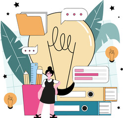 Poster - Illustration idea lightbulb woman creative design folder files business planning brainstorming solution vector art illustration and png 
