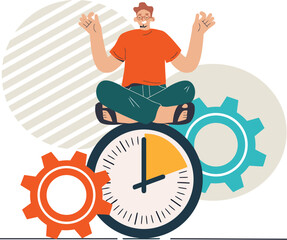 Poster - Man clock time management productivity efficiency focus meditation balance gears workflow concept vector art illustration and png 