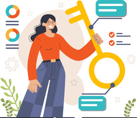Poster - Woman business solution key strategy success management marketing analysis data finance planning growth chart vector art illustration and png 
