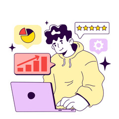 Poster - Man laptop chart graph analysis data statistics review rating star gear setting cartoon illustration vector art illustration and png 