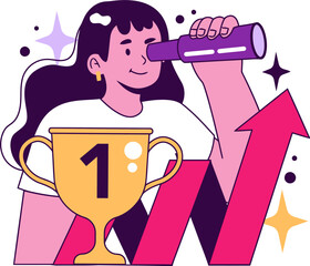 Poster - Woman telescope trophy success growth business leadership achievement vision future strategy winner goal vector art illustration and png 