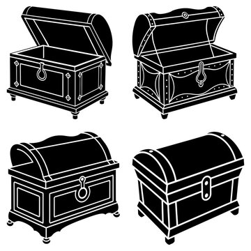 Illustration showing four antique treasure chests with varying designs and open and closed lids rendered in black and white