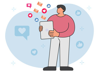 Fototapete - man tablet social media marketing digital communication online connection network engagement likes h