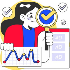 Poster - Woman analysis marketing ads data check growth graph strategy research success business analysis chart vector art illustration and png 