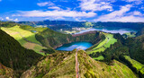 Azores island most beautiful scenic places - wonderful emerald lakes Sete Cidades lagoons, high angle aerial view of Boca do inferno volcanic craters . Portugal, Sao Miguel