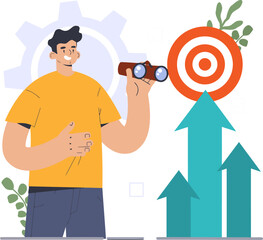 Poster - Man looking through binoculars at target with arrows business growth future success strategy vision vector art illustration and png 