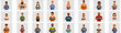 © nsit0108 - Criminal line up icons set. Group of diverse criminals posing for mugshots with identification boards in a police station