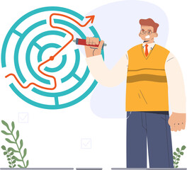 Poster - Maze solution strategy business problem solving planning success challenge direction man arrow route path vector art illustration and png 
