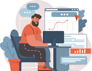 Poster - Man working analysis data chart growth business computer desk office workspace strategy planning project vector art illustration and png 