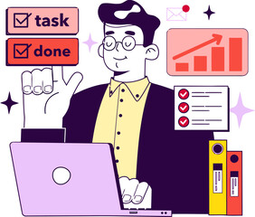 Poster - Man laptop task done checklist graph chart success business work project planning management complete vector art illustration and png 