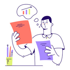 Poster - Illustration of business man analyzing charts and documents for financial data and market analysis growth vector art illustration and png 