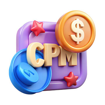 3d rendering of cpm cost per mille advertising metric with coins and stars isolated on transparent background
