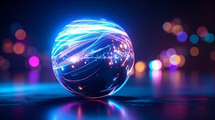 Fototapete - Glowing Digital Sphere With Energy Lines Against Dark Background with Neon Bokeh Effect