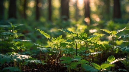 Poster - Sunlight Filters Through Trees Illuminating Lush Green Foliage in a Serene Forest During the Golden Hour of Late Afternoon