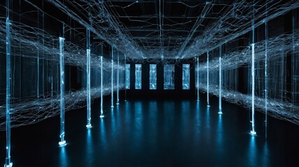Aufkleber - Bright Neon Lines Illuminate a Dark Room, Creating an Abstract Exploration of Space and Technology Through Immersive Light Display