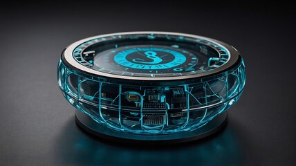 Poster - Innovative Digital Clock Featuring a Transparent Design and Glowing Blue Elements, Showcasing Advanced Technology in Modern Home Decor
