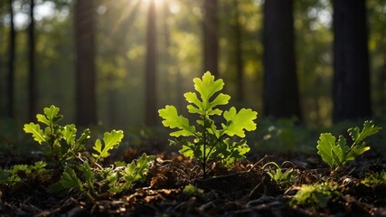 Poster - Bright Green Oak Saplings Emerging From the Forest Floor as Sunlight Filters Through the Trees in the Early Morning Hours