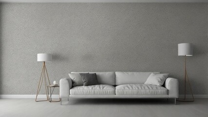 Poster - Modern Minimalist Living Room Featuring a Sleek Gray Sofa and Stylish Lamps Designed for a Contemporary Interior Space