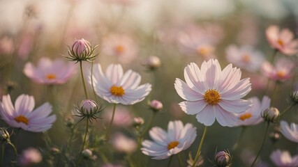 Poster - Beautiful Pink Cosmos Flowers Blooming in a Sunlit Field During Early Morning Hours, Creating a Serene and Vibrant Atmosphere in Nature