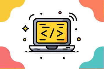 Laptop with Code Symbol Flat Design Illustration for Web Development and Programming Concepts
