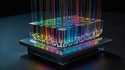 Poster - Artistic Display of Colorful Glass Tubes Arranged in a Geometric Pattern on a Sleek Black Surface, Showcasing Reflection and Light Play at a Modern Art Exhibition
