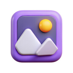 Aufkleber - Stylized 3d landscape icon featuring mountains and a sun isolated on transparent background