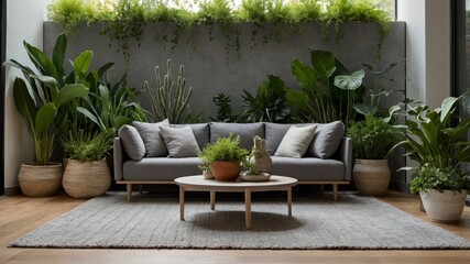 Poster - Cozy Indoor Living Space Featuring a Modern Grey Couch Surrounded by Lush Greenery and Elegant Decor in a Stylish Urban Setting