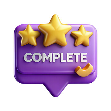 3d golden stars and complete text on a purple speech bubble isolated on transparent background