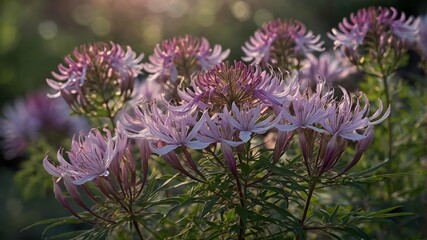 Poster - Beautiful Flowers Bloom in Soft Sunlight in a Lush Garden During Springtime, Showcasing Delicate Petals in Shades of Purple and Pink Against a Vibrant Green Backdrop