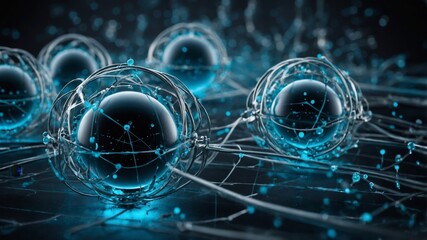 Fototapete - Complex Structures of Glowing Atoms in a Digital Environment Showcasing Atomic Energy and Interconnected Particles