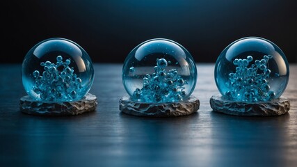 Poster - Unique Glass Orbs With Blue Bubbles Resting on Textured Bases in a Dimly Lit Environment Showcase Artistic Craftsmanship in Contemporary Design