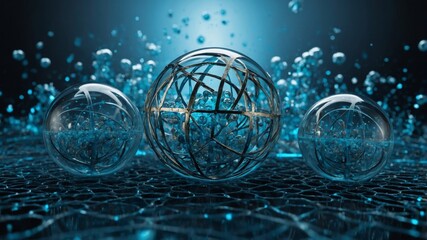 Fototapete - Crystal Spheres Surrounded by Bubbles and Blue Light Create a Mesmerizing Underwater Effect in an Abstract Artistic Interpretation