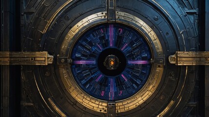 Poster - Intricate Circular Design of a Futuristic Door With Glowing Patterns and Metallic Features at an Advanced Technology Facility