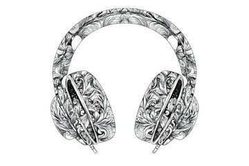 Poster - This artwork presents a pair of headphones adorned with detailed floral patterns, highlighting a unique blend of creativity and audio technology in a striking design