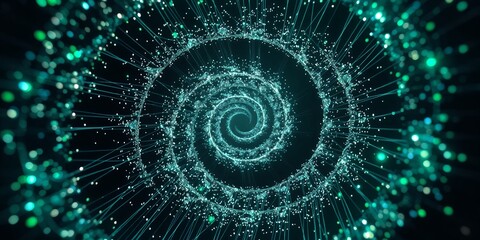 Poster - A swirling vortex of light blue particles and lines against a dark background forming a spiral shape