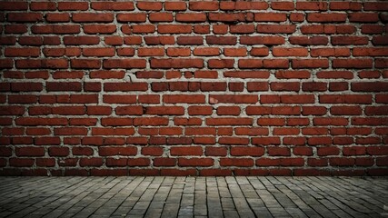 Poster - Texture of an Aged Brick Wall Accompanied by a Wooden Floor Showcasing Rustic Charm in a Well-Lit Indoor Setting