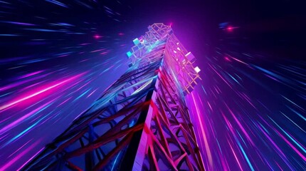 Poster - Vibrant neon cityscape abstract design, futuristic architectural visualization with dynamic light trails and electric blue accents, modern digital art.
