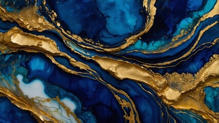 Aufkleber - Abstract Design Featuring Rich Blue and Gold Swirls Created With Ink on Canvas During a Creative Art Session in a Bright Studio