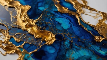 Aufkleber - Colorful Abstract Artwork Featuring Shades of Blue and Gold Accents Created With Fluid Painting Techniques on a Smooth Surface