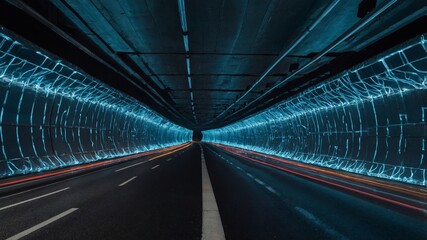 Fototapete - Illuminated Tunnel With Blue Neon Lights and Smooth Road Surface at Night Revealing a Futuristic Urban Landscape