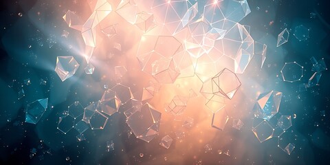 Poster - Abstract geometric shapes floating in space with a glowing light behind them creating depth
