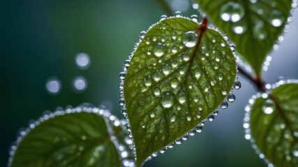 Poster - Dew Drops Adorn Vibrant Green Leaves in a Serene Natural Setting During a Calm Morning